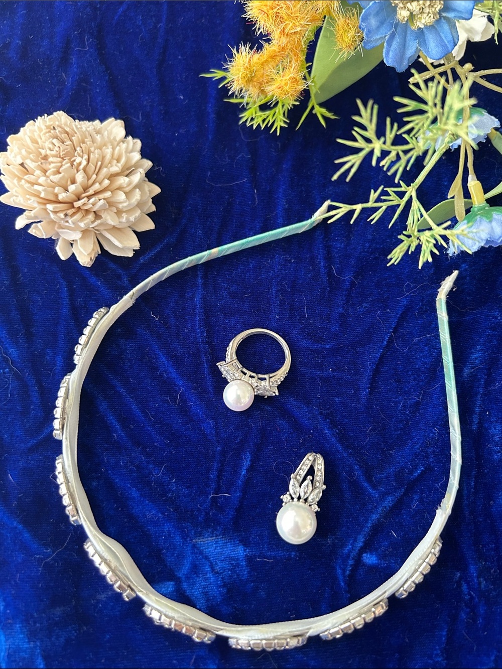 Rhinestone Headband, Pearl w/ Rhinestone Ring, w/ Pendant- 3pc Set Costume
